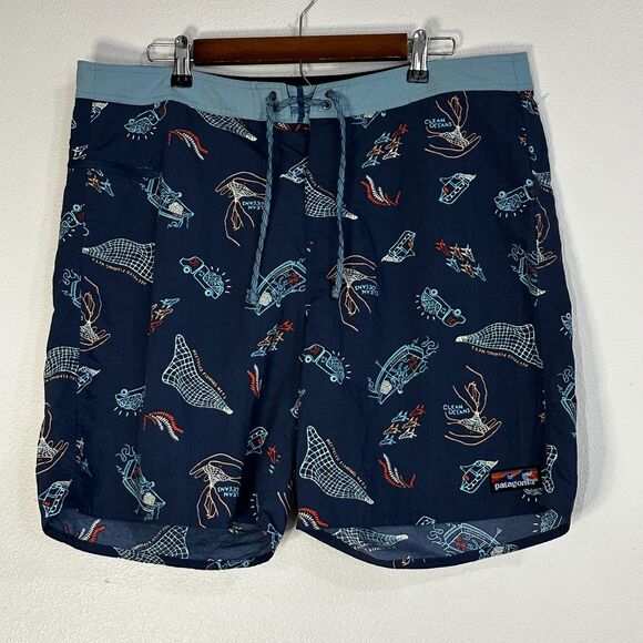 Patagonia Wavefarer Board Shorts Clean Currents Tidepool Blue Mens Size 38 - Picture 2 of 12